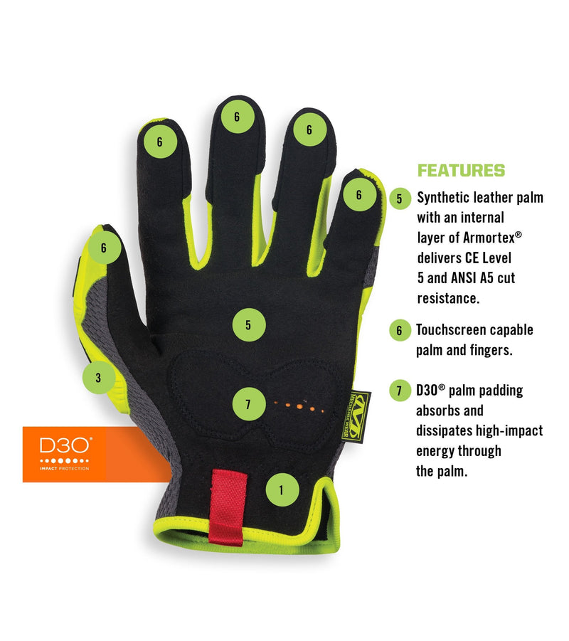 Mechanix Wear: Hi-Viz M-Pact Open Cuff E5 Work Gloves (X-Large, Fluorescent Yellow) X-Large