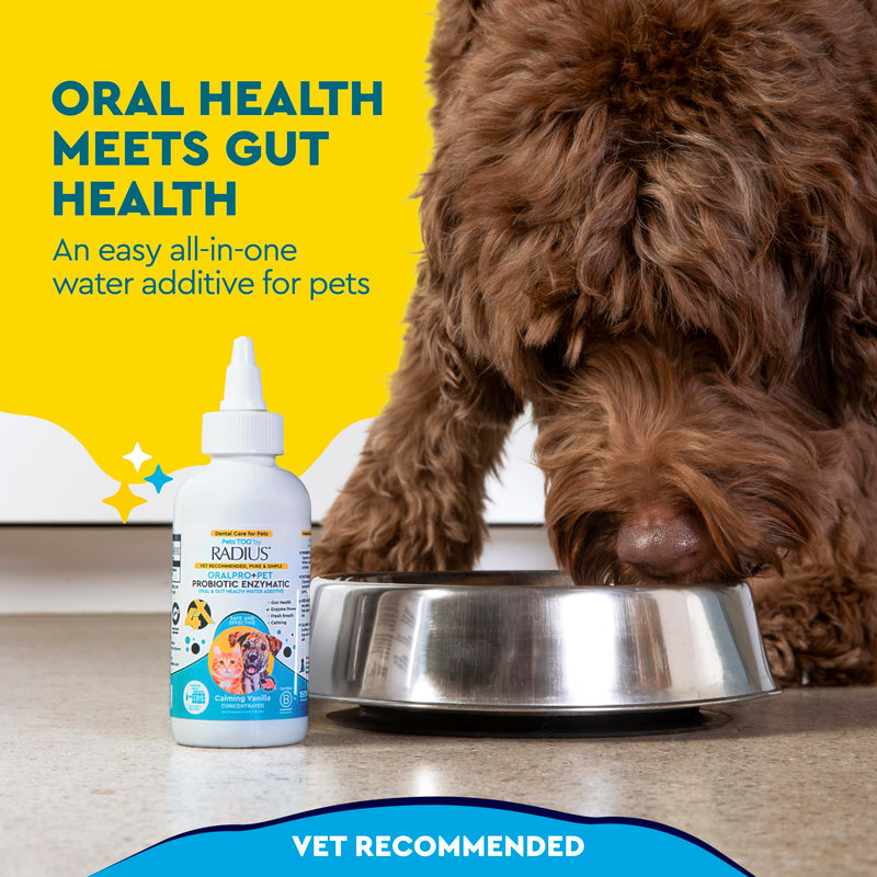 RADIUS OralPro+ Pet Probiotic Enzymatic Water Additive - Dog and Cat Dental Care Solution - Plaque & Tartar Defense Meal Supplement - Fresh Breath & Gut Health - Calming Vanilla, 4 Oz (Pack of1) Pack of 1 Clear