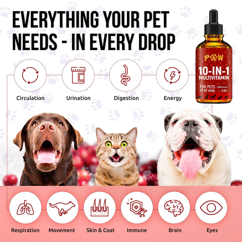 10 In 1 Cat & Dog Multivitamin - Hip & Joint Vitamins For Dogs + Vitamins C, D, B1-12 - Cranberry Supplement For Dogs & Cat Vitamins - Bladder, Kidney, Skin, Joint Support - Glucosamine Dog Supplement - PawsPlanet Australia