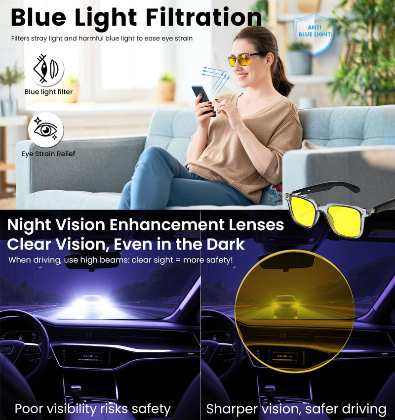 AI Translation Smart Glasses with Chat GPT&Night Vision Enhancement,Bluetooth 5.4 Glasses with 100 Languages ,Blue Light Blocking,Multifunctional for Women & Men,Travel, Business & Night Driving Yellow Lens - NewNest Australia