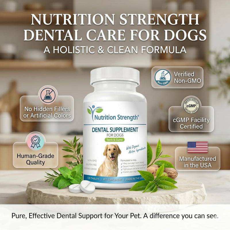 Dental Care for Dogs - Natural Plaque & Tartar Remover for Teeth - Fresh Breath Dog Supplement with Organic Kelp, Strawberry Leaf & Pumpkin Seed for Gum Health - 120 Tablets