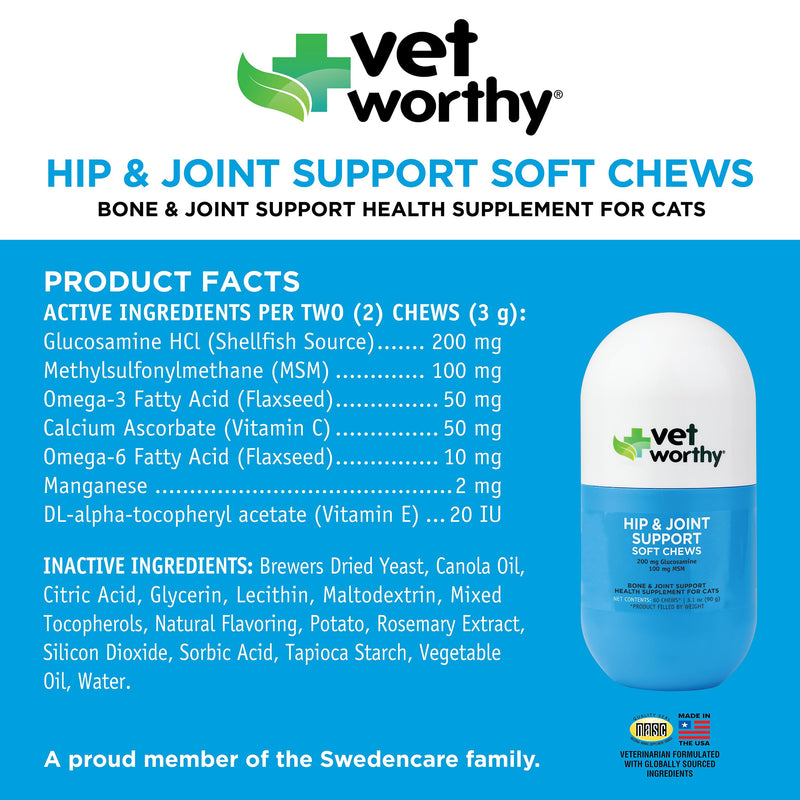 Vet Worthy Hip & Joint Support Feline Soft Chews - Hip & Joint Supplement for Cats - Rich in Omega 3, MSM & Glucosamine for Cats - Formulated for Mobility, Flexibility, & Cartilage Support - 60 Count