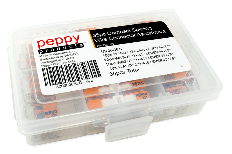 WAGO 221 Lever Nuts 35pc Compact Splicing Wire Connector Assortment with Case. Includes (10x) 221-2401, (10x) 221-412, (10x) 221-413, (5X) 221-415