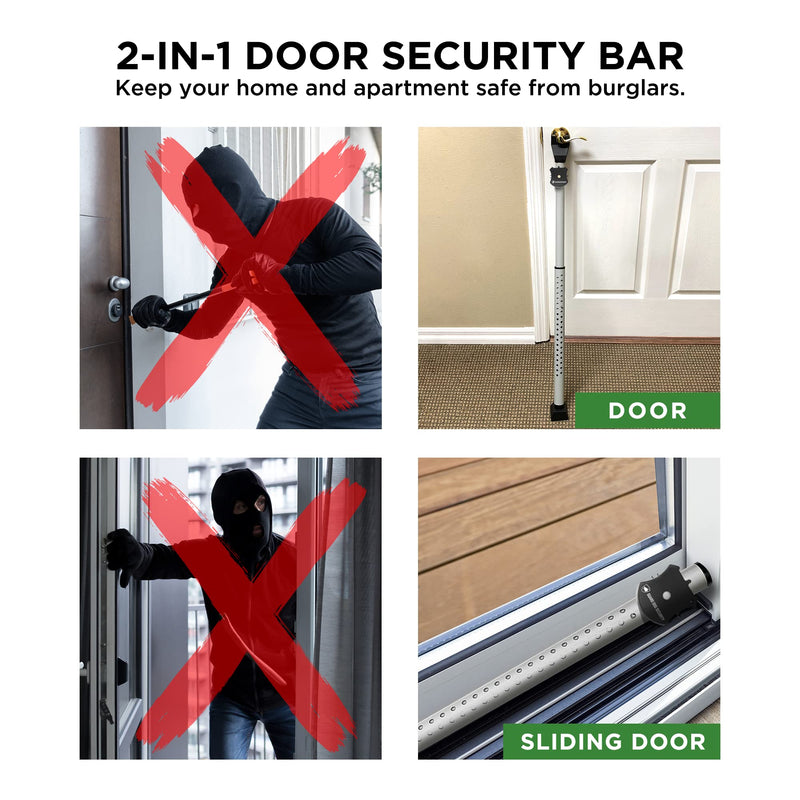 Adjustable Sliding Door Security Bar, Door Jammer 2-in-1 Adjustable Door Knob and Sliding Patio Door Stoppers Security with Alarm, 40 Different Adjustments by Guard Dog Security White w/Alarm