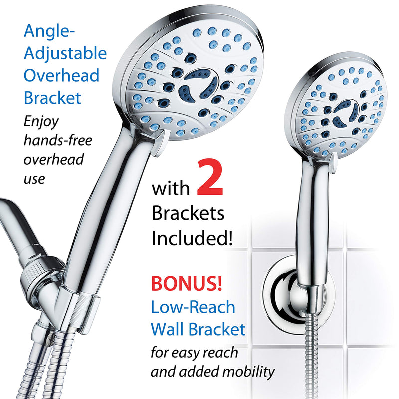 AquaCare High Pressure 8-mode Handheld Shower Head - Anti-clog Nozzles, Built-in Power Wash to Clean Tub, Tile & Pets, Extra Long 6 ft. Stainless Steel Hose, Wall & Overhead Brackets 2.5 Gallon Per Minute Premium Chrome