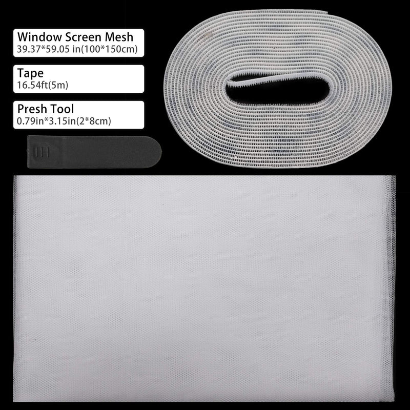 Flyzzz DIY Self-Adhesive Window Screen Netting Mesh Curtain, 100X150cm (Approach 39.37x59.05 Inches), with Hook and Sticky Tape, Fitted to Multiple Windows (1 Pack, White) 1 Pack