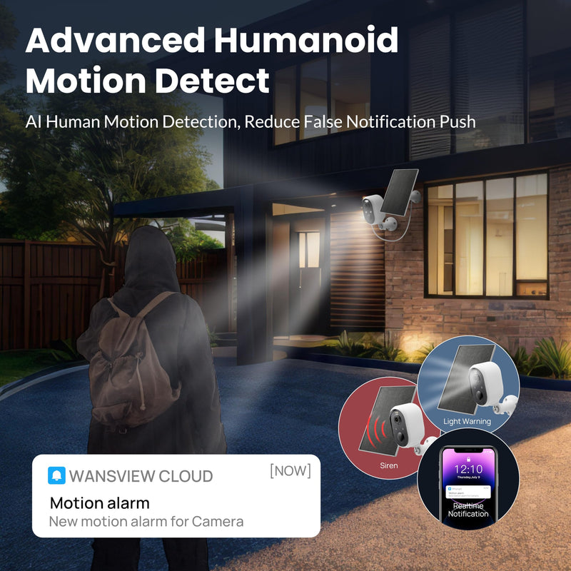 Solar Security Camera Outdoor Wireless, 2K Color Night Vision, Battery Powered PIR Motion Detection,2.4GHz WiFi Cameras for Home Surveillance, Light and Sound Alarm, 2-Way Audio 1-Pack