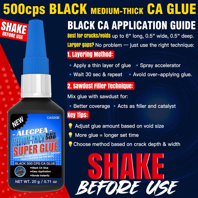 20g Black Medium-Thick CA Glue (500 CPS),Premium Cyanoacrylate Super Glue for Wood, Glass, Metal, Paper, Leather, Plastic, Ceramic, Rubber, Jewelry, Woodworking, Hobby Models, and Craft Project 20g/1Pack Black/500CPS