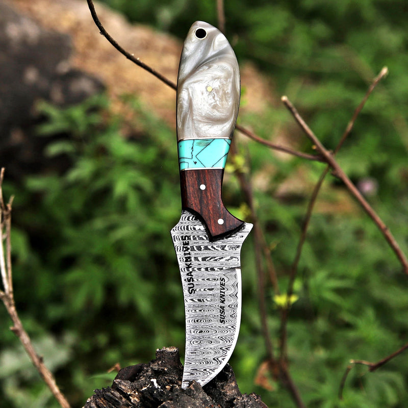 Custom Handmade 7'' fixed blade hoof rasp knife Cow boy knife Turquoise Handle Damascus steel Bull cutter, cowboy knives with pancake leather sheath (RESIN) RESIN