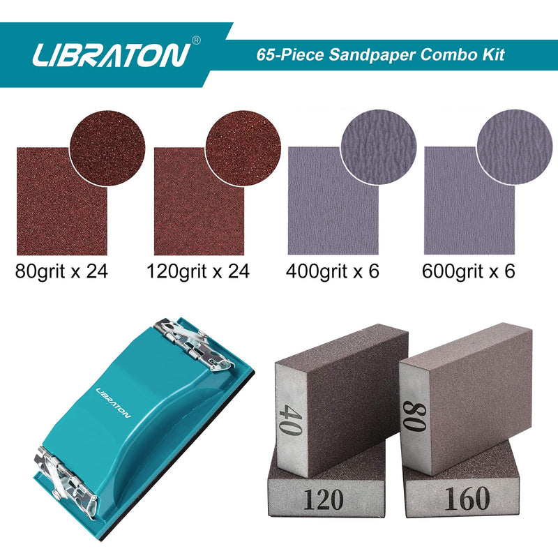 Sand Paper 65PCs, Sandpaper for Wood, 80-600 Grit Sandpaper Assortment Kit with Sanding Block, Sand Sponges 40/80/120/160 Grit, Alumina Sand Paper for Wood, Metal Sanding, Paint Finishing