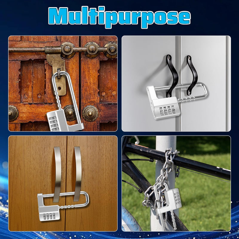 2Pcs 4Digit Combination Cabinet Lock U Shaped Code, Stainless Steel Adjustable Padlock with Code, Waterproof Metal Long Shackle Lock Retractable for Outdoor College Fences Sports Locker Gym