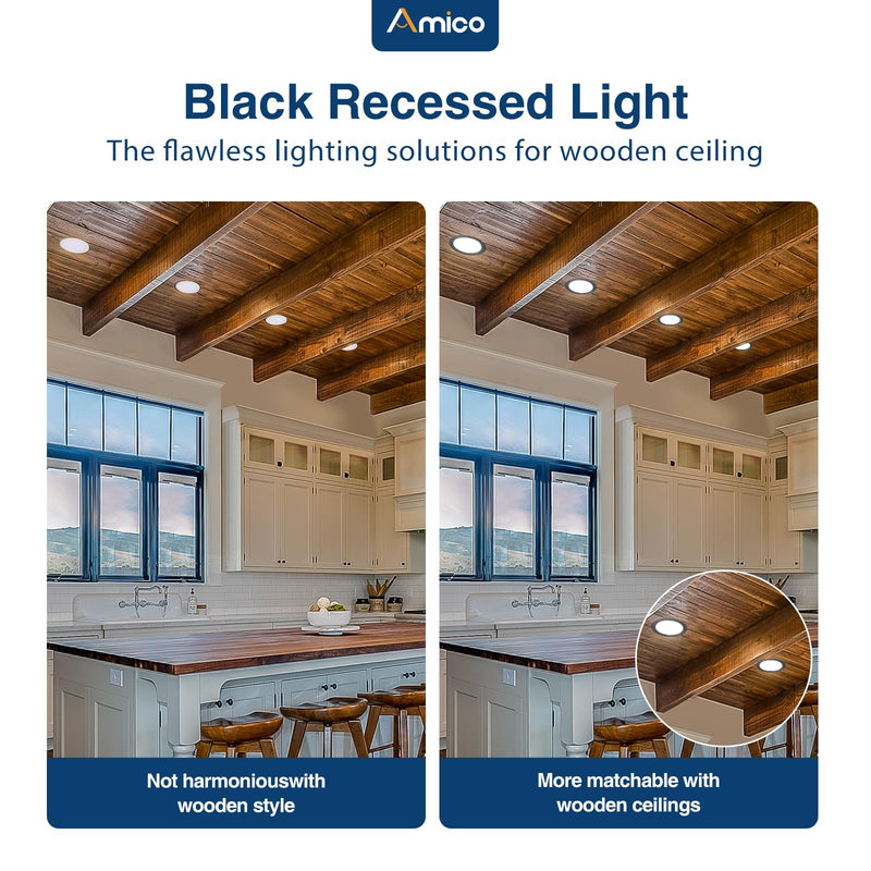 Amico Black 7 Inch 5CCT 1 Pack Ultra-Thin LED Canless Recessed Ceiling Light with Junction Box, 2700K-5000K Selectable, 1300LM Brightness, 15W=100W, Dimmable Wafer Downlight-ETL&FCC