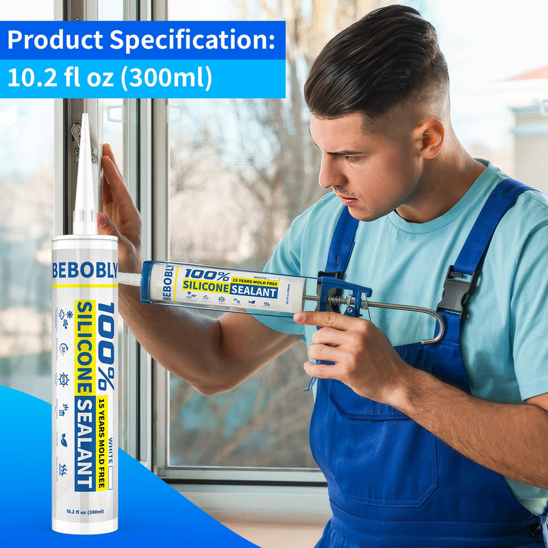 White Silicone Caulk & Sealant, 100% Waterproof Silicone Sealant Caulking, Shrink & Crack Proof, Silicone Caulking for Kitchen, Bathroom, RV, Interior & Exterior Use, 10.2 FL. OZ/300ML, 1 Pack