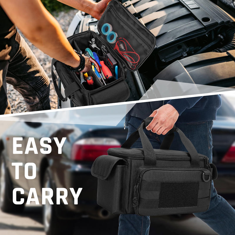 Small Tool Bag with Anti-friction and Thick Padded Bottom, Tool Storage Organizer for Men, Tactical Bag, Range Bag, Multi-functional Work Bag for Repairman, Electrician, Carpenters, Handyman Black