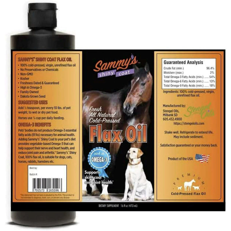 Sammy’s™ Shiny Coat Flaxseed Oil for Pets, Pure Flax Oil for Animals, Omega-3 Fatty Acids for Dogs, Flaxseed Oil Liquid Supplement for Skin and Coat, Flaxseed for Dogs, Cats, Other Pets - 16 oz - PawsPlanet Australia