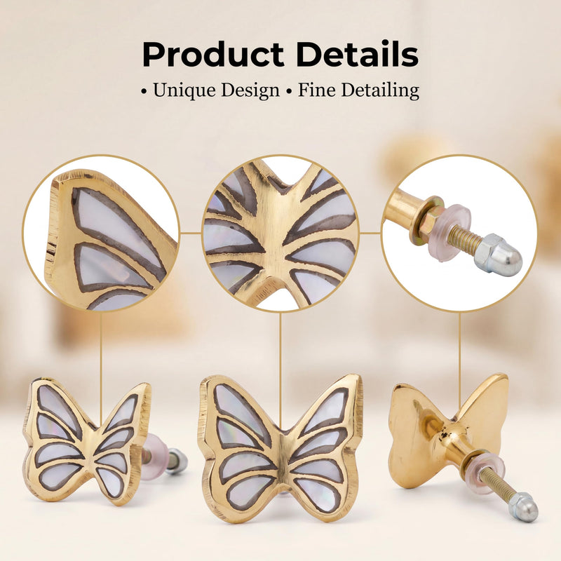 Indian Shelf 6 Pieces Butterfly Cabinet Knobs Handmade Brass Mother of Pearl Inlay Gold Finish Decorative Dresser Pulls for Kids Nursery Wardrobe Cupboard Vanity Drawer Furniture Hardware