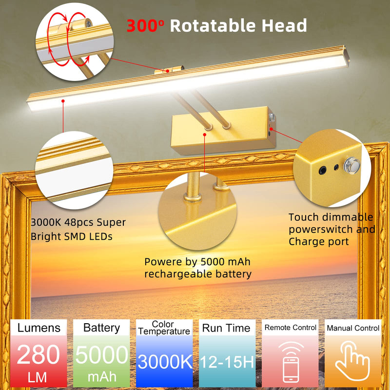 FUNCHDAY Picture Light,5000mAh Battery Operated Picture Light for Wall,Wireless Remote Painting Light with Timer and Dimmable,16”Metal Art Light for Display,Artwork,Portrait,Gallery-Gold Gold 16"