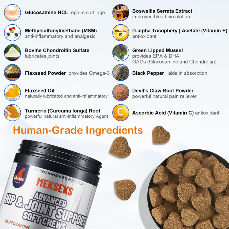 Advanced Dog Hip Joint Health Supplement Chews, Glucosamine for Dogs + Chondroitin, MSM, Turmeric & Green Lipped Mussel, Support Mobility, Pain Relief for Senior All Breeds Soft Chewable Treats White
