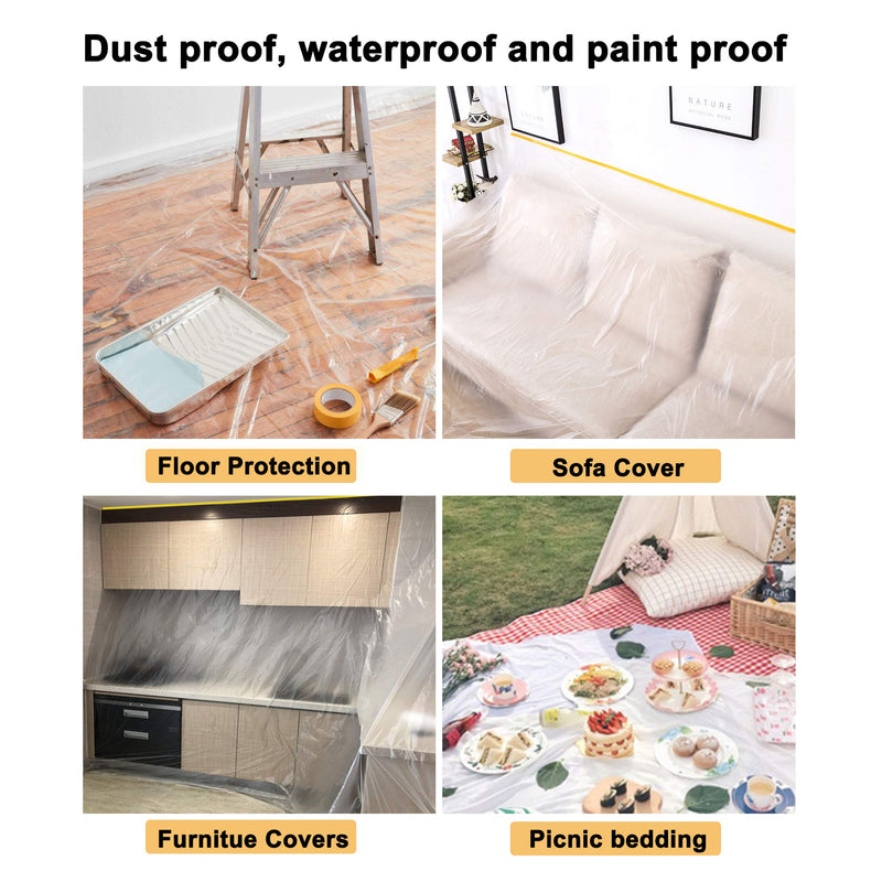 Muf 9 x 65 Feet Plastic Drop Cloth Plastic Sheeting with Masking Tape,Waterproof Protective Masking Film,Prevent Dust Paint for Car,Furniture,Carpet,Floor,1 Pack 1 9 × 65 feet