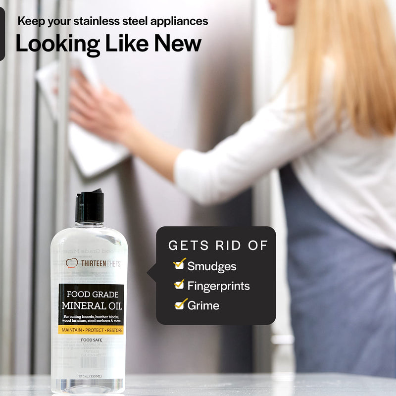 Thirteen Chefs Mineral Oil - 8 oz Food Grade Conditioner for Wood Cutting Board, Countertop & Butcher Block, Lubricant for Knife or Meat Grinder - Safe USP Finish on Marble, Soapstone 8 Fl Oz