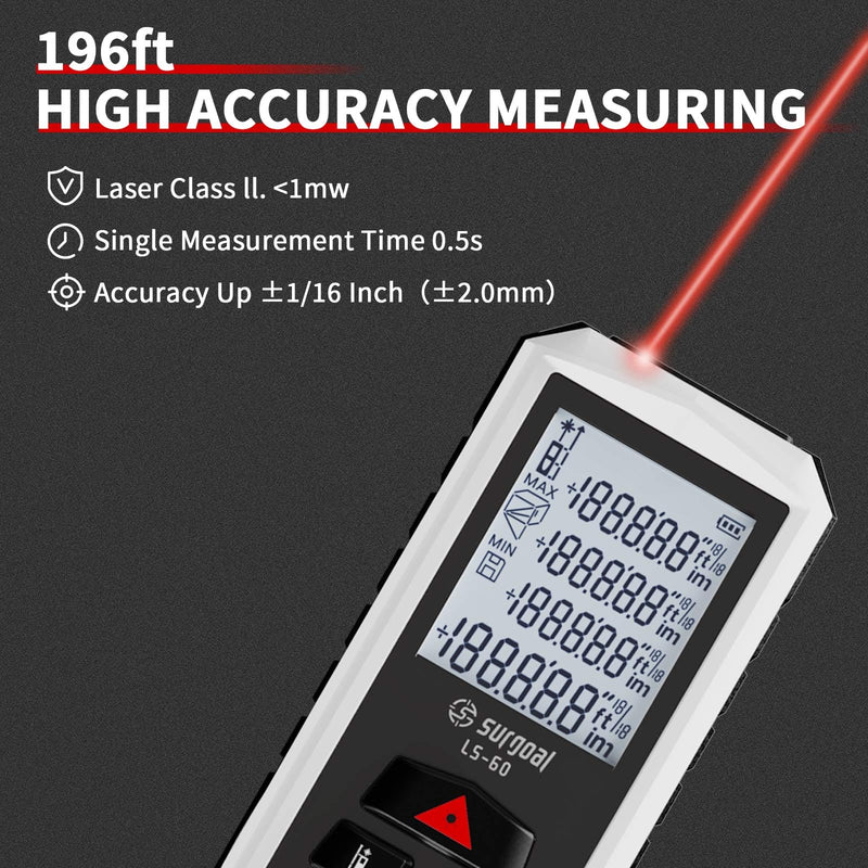Laser Measure High Accuracy 196/328ft Digital Laser Distance Meter LCD Backlit for Measuring Pythagorean Area Volume Mode Portable Durable One Size 60M/196FT