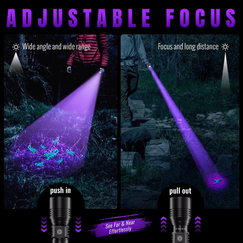 DARKDAWN 3 in1 Super Bright Flashlight & UV Flashlight 395nm, High Lumens USB Rechargeable LED Flashlights,Handheld Portable Flash Lights for Camping, Outdoor Adventure, Pet Urine Stains (2pack) 2 pack