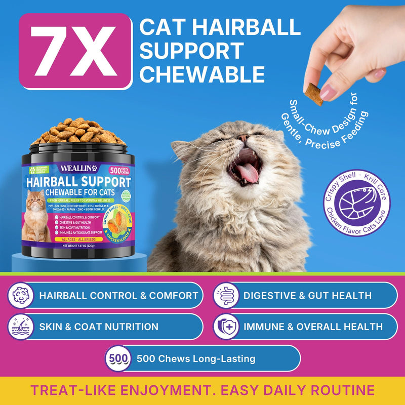 WEALLIN L-Lysine Chews & Cat Hairball Support Chews Bundle – Immune, Respiratory & Skin Health + Furball Control & Digestion Support for Cats – 500 Chews Each, Chicken Flavor