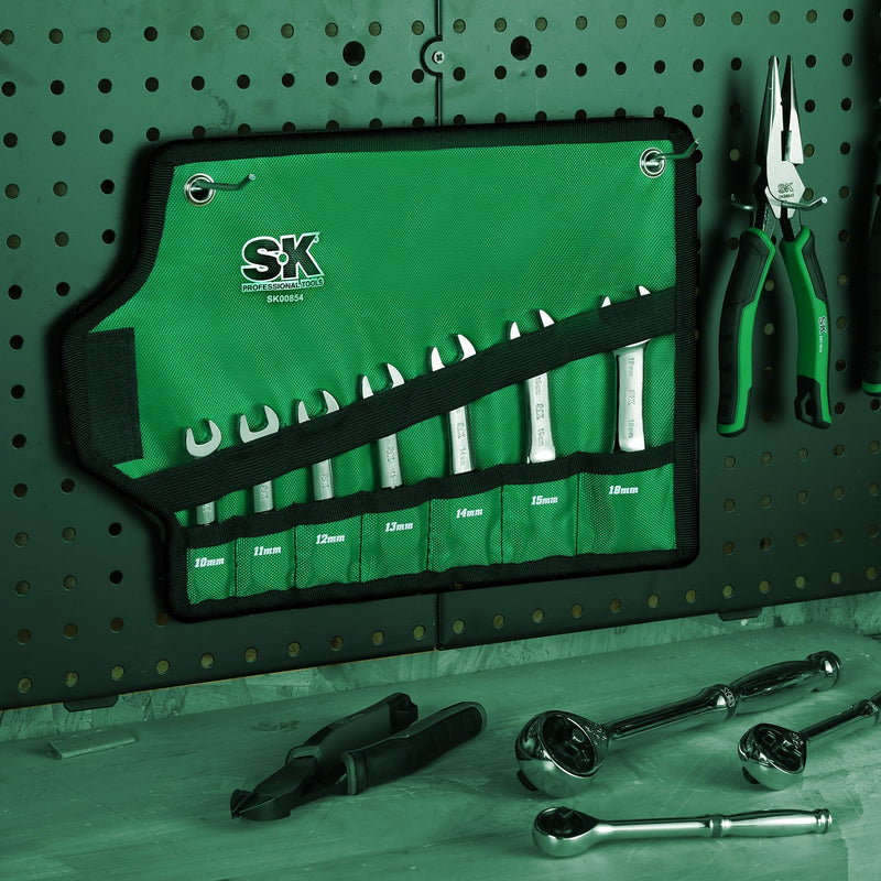 SK Stubby Ratcheting Wrench Set, Combination Wrench Set, 7-Piece, Metric, 72-Tooth, CR-V Steel, with Rolling Pouch
