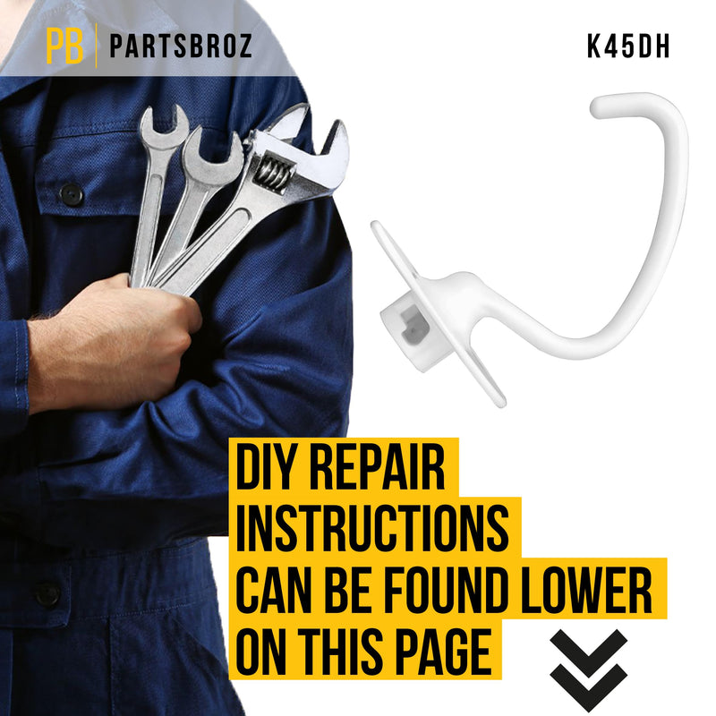 PartsBroz K45DH Dough Hook - Compatible with KitchenAid Tilt-Head Stand Mixer 4.5 Quart and 5 Quart Bowel Fits KSM95 KSM150PS K45SS KSM97 KSM150 KSM96 KSM90 KSM75 K45SSWH K45