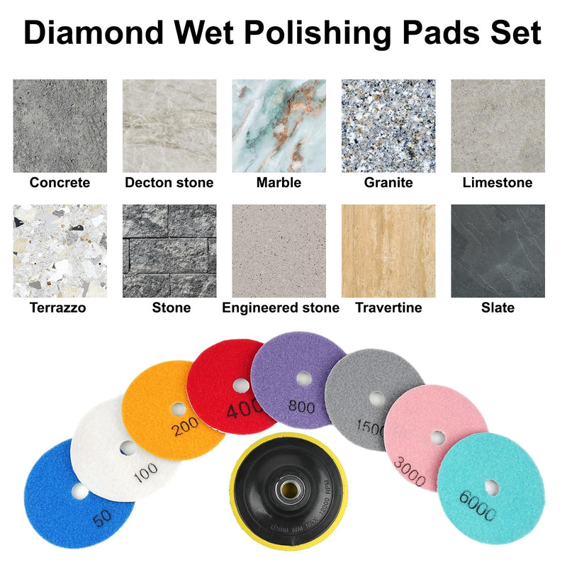 11 Packs 4 Inch Diamond Concrete Polishing Kit, 50-6000 Grit Wet/Dry Diamond Polishing Pad with Wool Disc, 5/8’’-11 Backer Pad and Drill Adapter for Granite Marble Concrete Stone Tile Polish