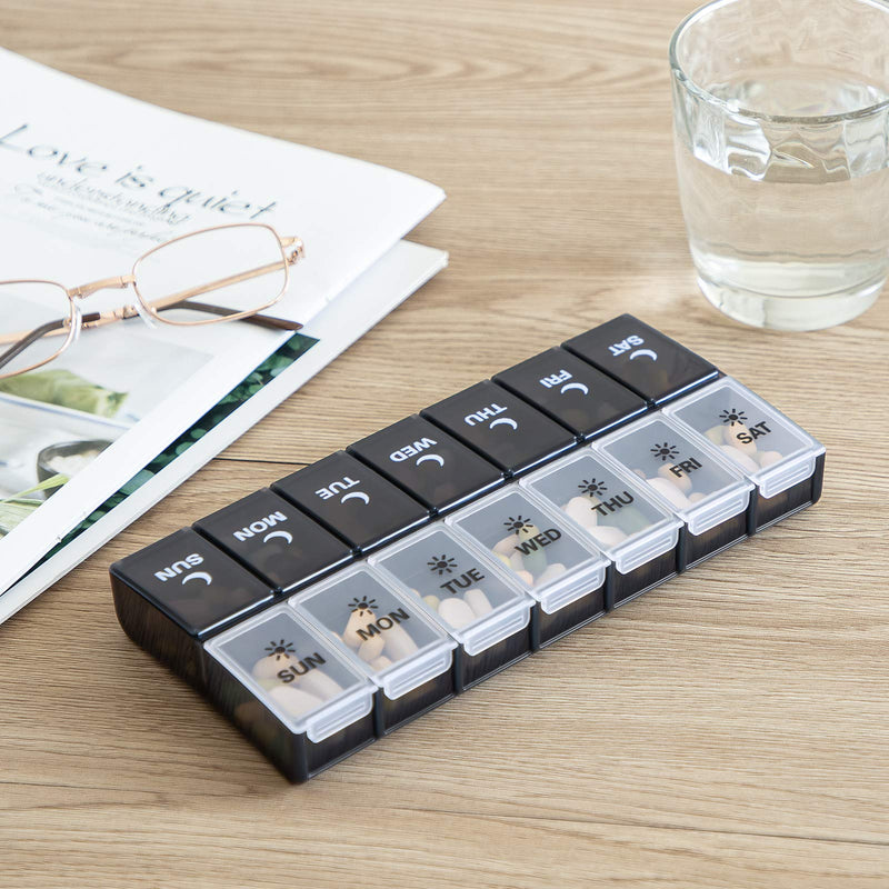 7 Day Pill Organizer 2 Times a Day, Large Weekly AM PM Pill Box, Day Night Medicine Organizer, Pill Case Twice A Day, Pill Container Black and White