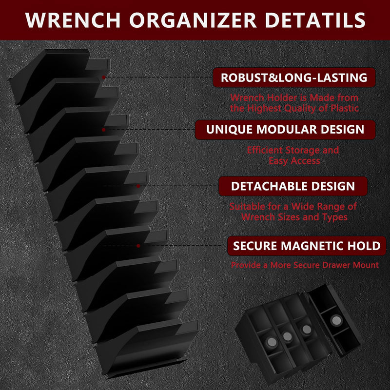 Wrench Organizer, 20PCS Wrench Organizer for Tool Box, Modular Wrench Organizer with Label, Tool Box Organizer, Magnetic Wrench Organizer for Tool Box Drawer, (Black with Box)