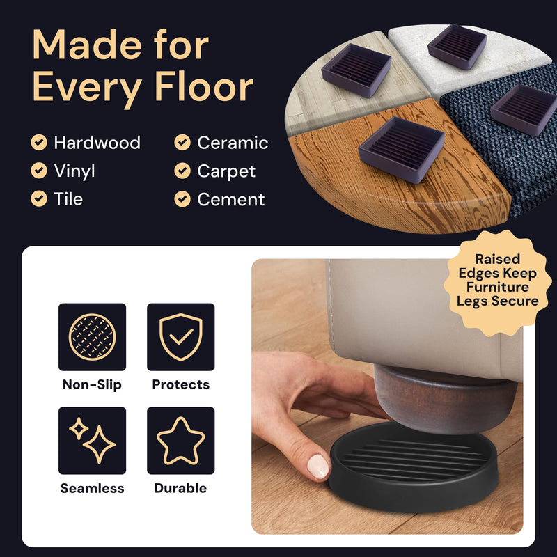 CasterMaster Heavy Duty Non Slip Furniture Pads for Wood Floors & Carpet - 4x4 Black Round Caster Cups - Rubber Feet for Furniture - Stop Bed Sliding - Bed Frame Legs Protectors (Set of 4)