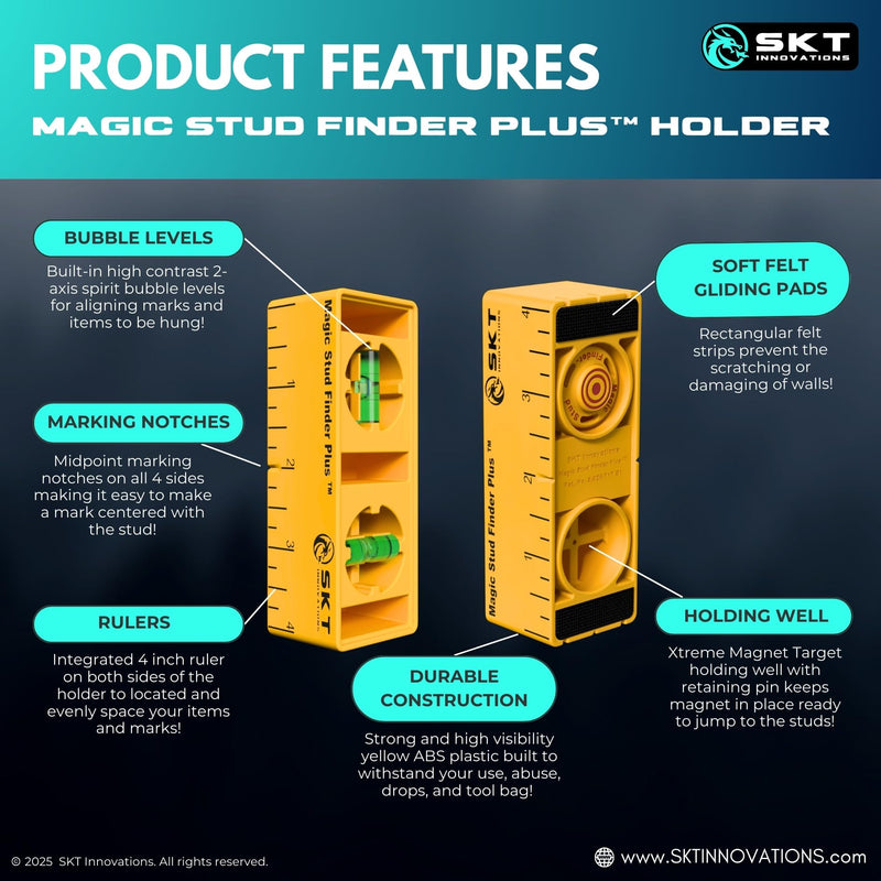 Magic Stud Finder Plus – 3-in-1 Magnetic Stud Finder with Level & Ruler, Extra-Strong Neodymium Magnets, No Electronics, Includes 3 Xtreme Magnets & 6" Steel Ruler for Hanging TV, Shelves, Art