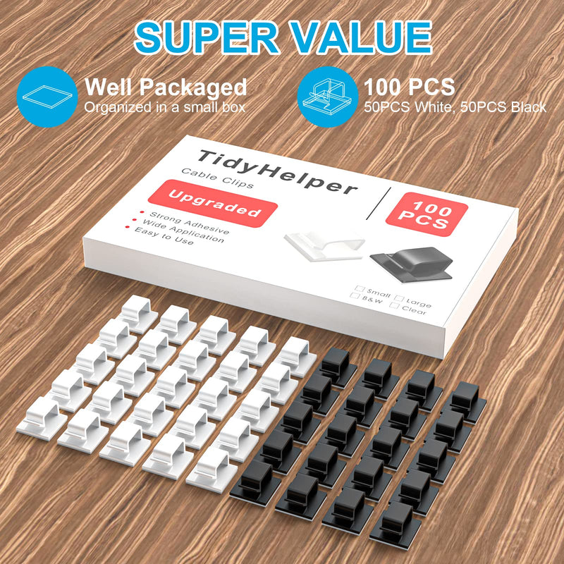 100 PCS Adhesive Cable Clips (Small, White&Black), Upgraded Wall Wire Holder Cord Organizer for Cable Management Under Desk, Light Clips Hooks for LED, Car Dash Cam, USB Cable Small Blank&white