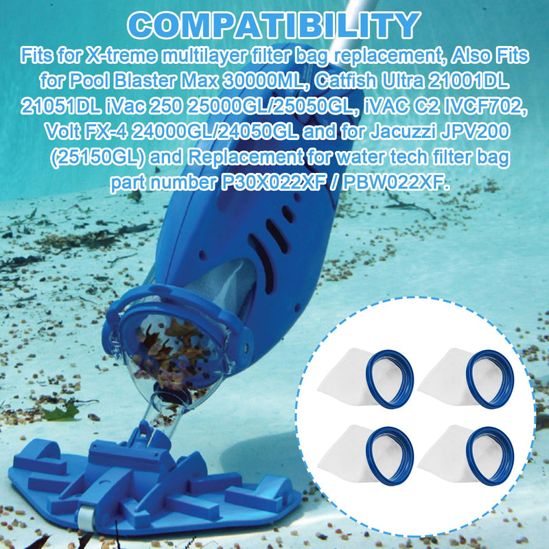 Micro-Filter Bags, X-treme Multilayer Filter Bag Fits for Pool Blaster Max, iVAC C2, iVac 250, Volt FX-4, Catfish Ultra, and Jacuzzi JPV200 Handheld Pool Vacuums - 4 Pcs