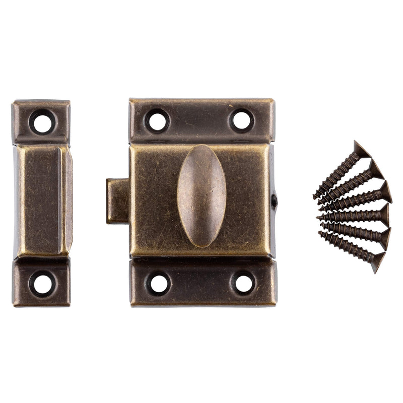 Large Stamped Antique Brass Cabinet Door Latch - 2 1/8" × 2 1/8" - Spring Loaded Cupboard Door Latch with Oval Turn - Vintage Cabinet Hardware | UA-140-LAB (1)