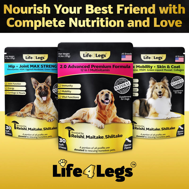 Soft Chews Dog Vitamins & Supplements - Dog Multivitamin - Hemp Oil Glucosamine Chondroitin Hip and Joint Support Health, Skin & Coat, Digestion & Immune Booster, Heart, Probiotics Bacon 30 Soft Chews