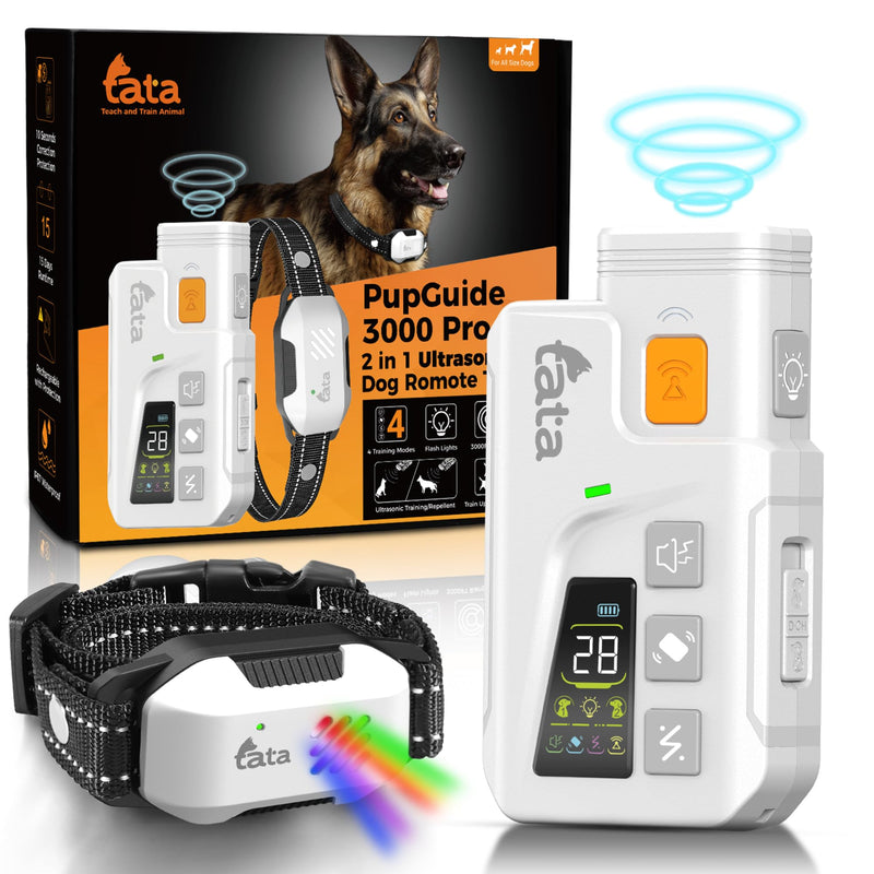 TATA: PupGuide 3000 Pro - 2-in-1 Ultrasonic Dog Remote Trainer, Bark Deterrent & Shock Collar - 4 Modes, Waterproof-Adjustable, Dual Pet Training