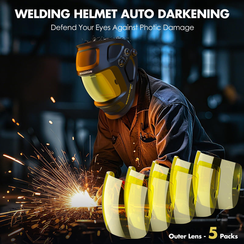 5 Pack Amber Front Lid Lens with 2Pcs Inner Lens, Front Cover Lenses Compatible with Magdron Welding Helmet, 3.93" x 3.66" Viewing Lens, Magdron Welding face mask Lens Replacement Parts
