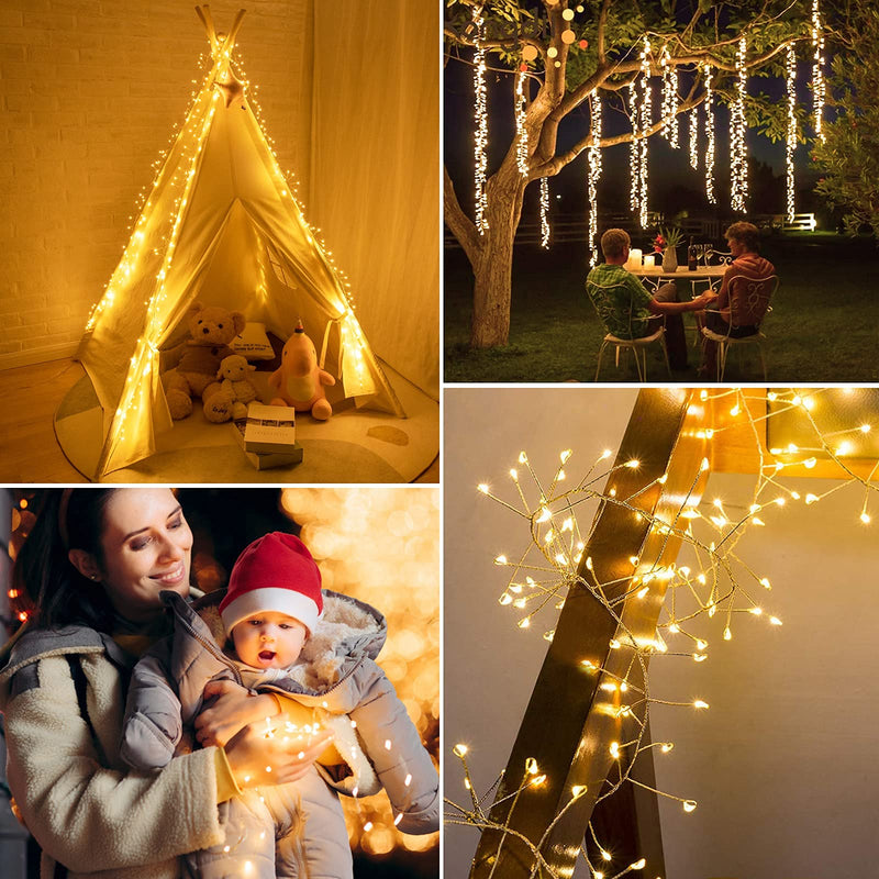 Minetom Fairy Lights Plug in, 10Feet 200 Led Cluster Lights Waterproof Firecracker Starry String Lights for Ceiling Bedroom Wreath Window Wedding Christmas Tree Decoration, Warm White (No Remote) 200LEDs
