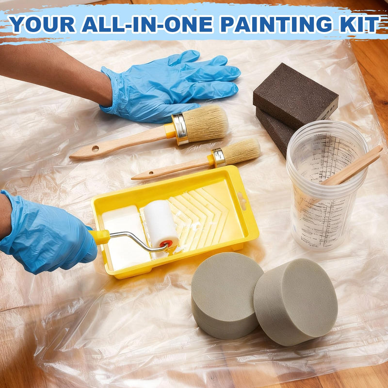 LemonRoad 20 Pieces Paint Brush and Roller Set, Cabinet Furniture Painting Supplies, Sponge, Tray Liner, Nitrile Gloves, Polish Sponge Block, Mixing Sticks and Cups, Tools to Finish All in One Paint