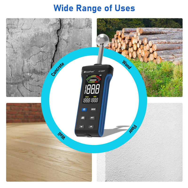 HOLDPEAK Pinless Wood Moisture Meter, Non-Destructive Moisture Meter for Wood, Concrete, Floors, Walls, Measuring Depth 20-40mm Digital Moisture Meter with Masonry-Spherical Sensor, Large LCD Display