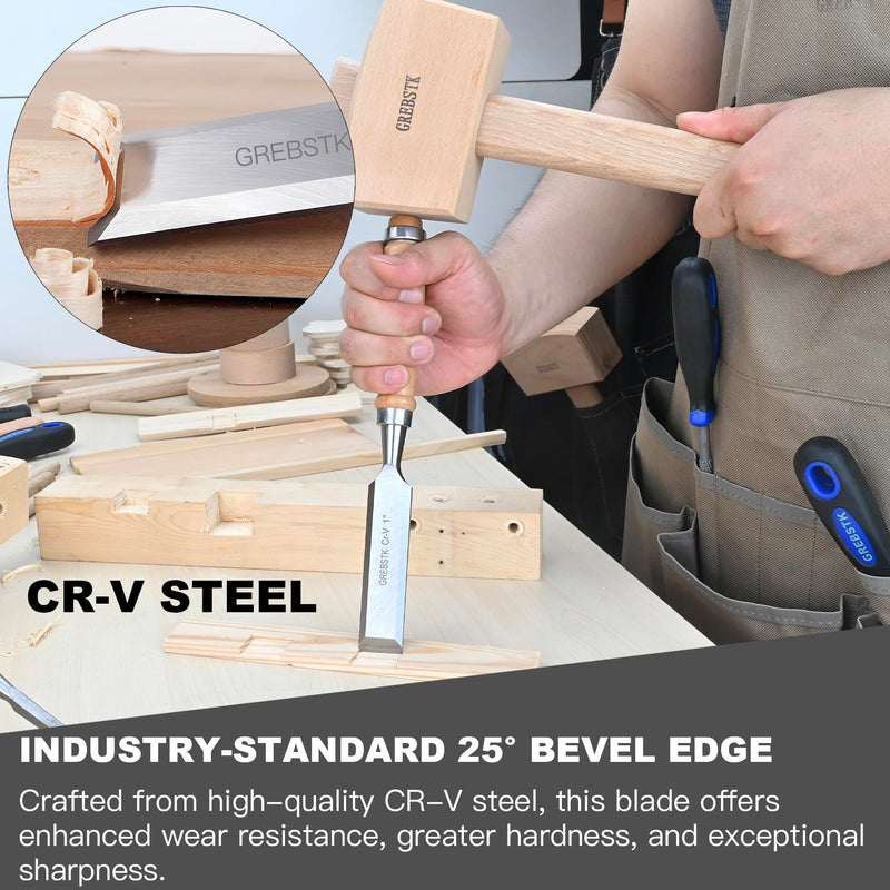 GREBSTK 9.5in Wood Chisel Set for Woodworking, 4pcs Chrome Vanadium Steel Bevel-Edge Bench Chisels with Cap, Comfortable Beech High Impact Handle 2#chisel