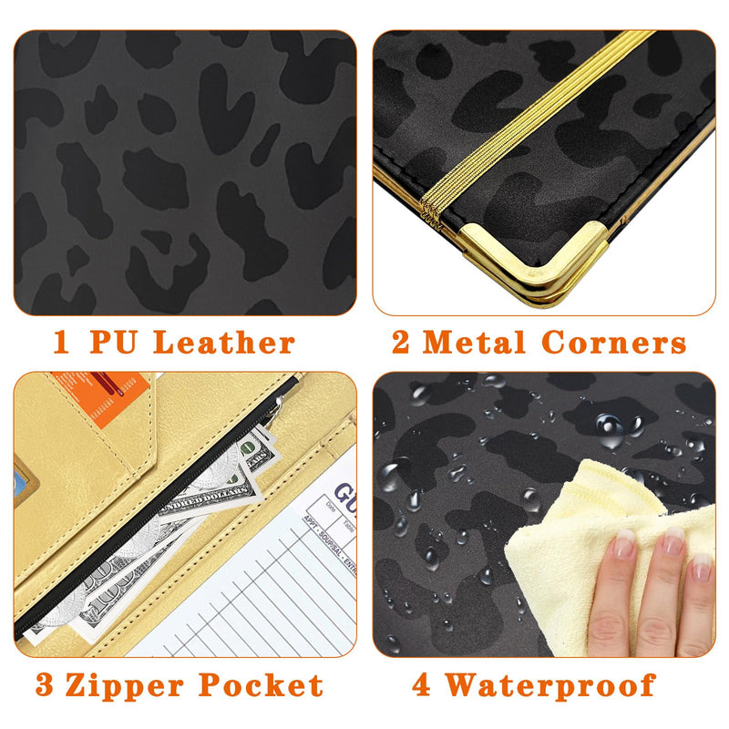 Server Book, Painted Server Books for Waitress, Durable Leather Waitess Book with Zipper Pocket,Server Manual Checkbook Fits Server Apron 5in*8in Leopard-Black