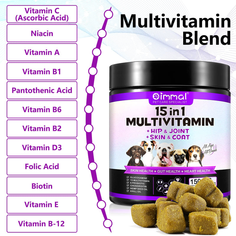 Dog Multivitamin Chewable 150 Chews, 15-in-1 Dog Vitamins and Supplements, Dog Daily Vitamins Chewable Glucosamine Probiotics for All Ages All Breeds (Duck Flavor) - PawsPlanet Australia