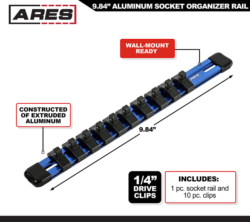 ARES 60076-1/4-Inch Drive Blue 9.84-Inch Socket Organizer - Aluminum Rail Stores up to 10 Sockets and Keeps Your Tool Box Organized 1/4" Drive 9.84" Socket Organizer