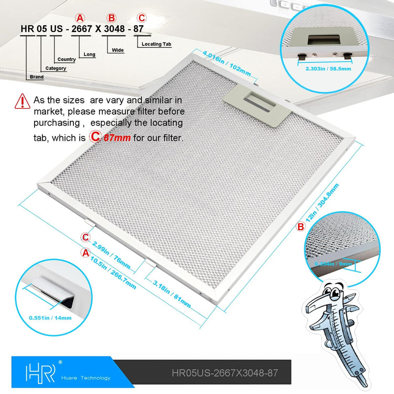 Upgraded W10169961A Range Hood Filter Replacement, Fits Whirlpool, Ikea, Kitchen Aid, Jenn Air, Aluminum Mesh Hood Grease Filter 10.5x12Inch, HR Huare Technology Aluminum Range Hood Vent Filters,2PCS 2PCS