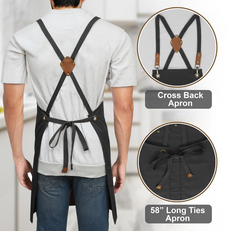 RUVANTI Work Apron for Men, Oil & Water Repellent, Poly Cotton Cross Back Aprons for Women with Pockets, Adjustable up to XXL Black - 3 Pockets - Pack of 1 Water Repellent Apron