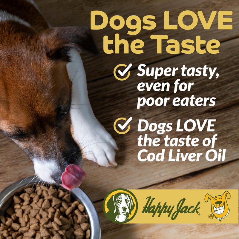Happy Jack Cod Liver Fish Oil for Dogs Skin and Coat Supplement, Brain, Eyes, Bones, Hip, Joint, Heart & Immune System Health, Energy Booster (16 oz), Omega 3 with EPA & DHA, Vitamin A & D - PawsPlanet Australia
